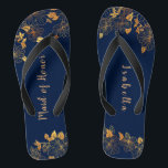 Maid of Honour Gold Foliage Navy Blue Flip Flops<br><div class="desc">These gorgeous gold foliage navy blue maid of honour flip flops have a dark blue background that is adorned with an intricate gold floral greenery pattern and customizable modern typography. The combination of the rich navy and the shimmering gold create an elegant and luxurious aesthetic. It's a beautiful gift for...</div>