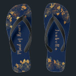 Maid of Honour Gold Foliage Navy Blue Flip Flops<br><div class="desc">These gorgeous gold foliage navy blue maid of honour flip flops have a dark blue background that is adorned with an intricate gold floral greenery pattern and customizable modern typography. The combination of the rich navy and the shimmering gold create an elegant and luxurious aesthetic. It's a beautiful gift for...</div>
