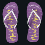 Maid of Honour Golden Yellow and Purple Flip Flops<br><div class="desc">Golden Yellow White Stripes Pattern - Change to Any Colour by clicking customize. And say anything you want. Make these one of a kind flip flops that have YOUR message on them. Be the talk of the beach! Personalized with your name or whatever and title or your text here. You...</div>