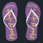 Maid of Honour Golden Yellow and Purple Flip Flops<br><div class="desc">Golden Yellow White Stripes Pattern - Change to Any Colour by clicking customize. And say anything you want. Make these one of a kind flip flops that have YOUR message on them. Be the talk of the beach! Personalized with your name or whatever and title or your text here. You...</div>