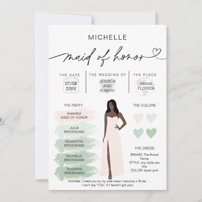 Maid of Honour Info Sage Colour Palette Infographi Invitation (Front)