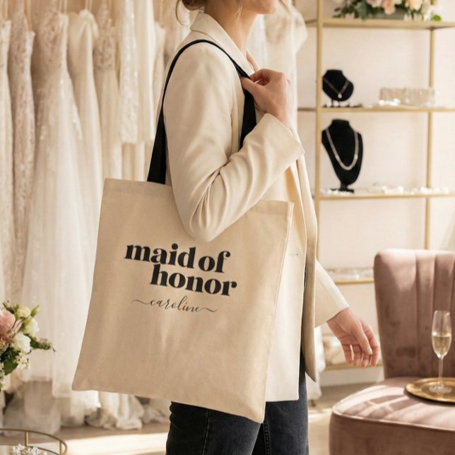 Maid of Honour Minimalist Modern Black Custom Tote Bag (Creator Uploaded)