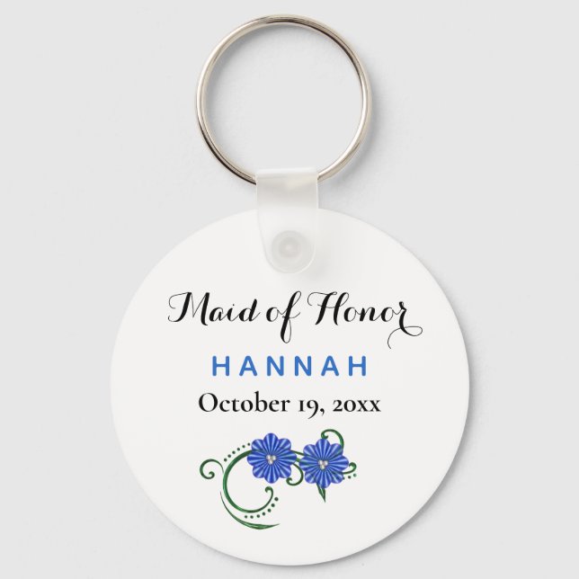 Maid of Honour Modern Typography Blue Wedding Keychain (Front)