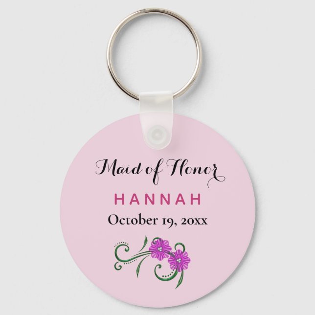 Maid of Honour Modern Typography Pink Wedding Keychain (Front)