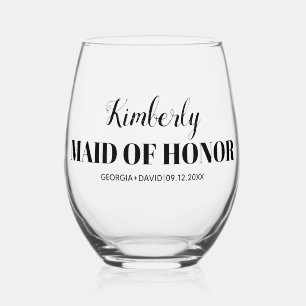 Maid of honour name black  typography wedding stemless wine glass