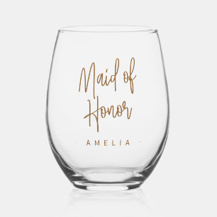 Maid of honour name elegant script stemless wine glass