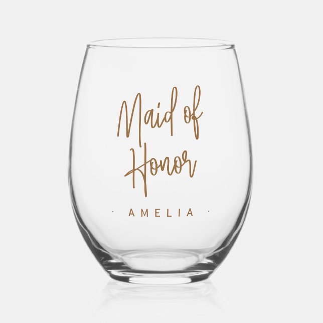 Maid of honour name elegant script stemless wine glass (Front)