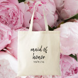 Maid of Honour / Personalized Bridal Party Gift Tote Bag<br><div class="desc">Celebrate your right-hand girl with this chic “Maid of Honour” tote bag featuring elegant black script on the front with your wedding date below. The back is personalized with the maid of honour’s name, creating a thoughtful and stylish keepsake she’ll love long after the big day. Simple, modern, and timeless,...</div>