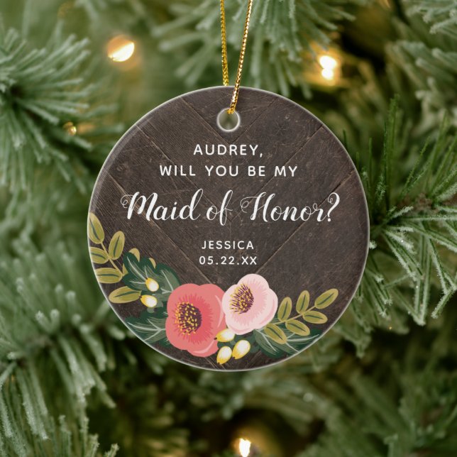 Maid Of Honour Personalized Farmhouse Boho Florals Ceramic Ornament (Tree)