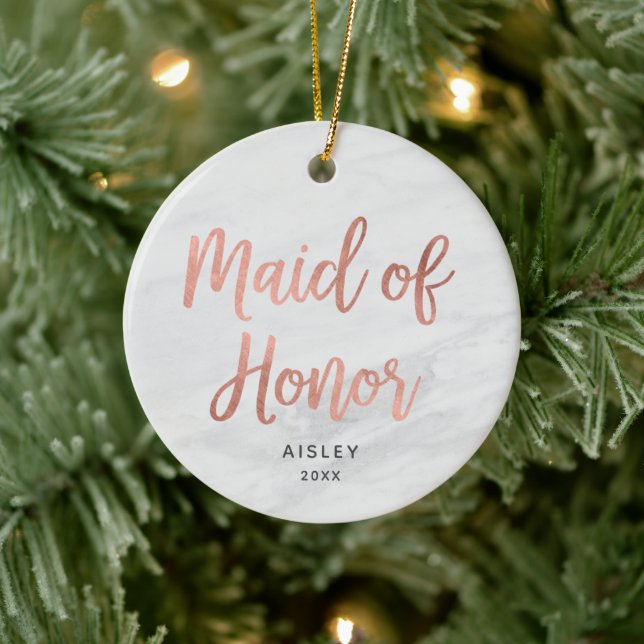 Maid of Honour Personalized Rose Gold Faux Marble Ceramic Ornament (Tree)