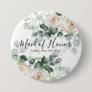 Maid of Honour Personalized White Roses Gifts 3 Inch Round Button