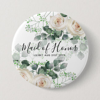 Maid of Honour Personalized White Roses Gifts 3 Inch Round Button
