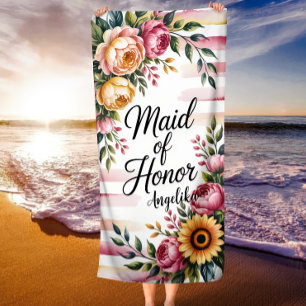 Maid of Honour Pink Stripes Floral Bridal Party Beach Towel