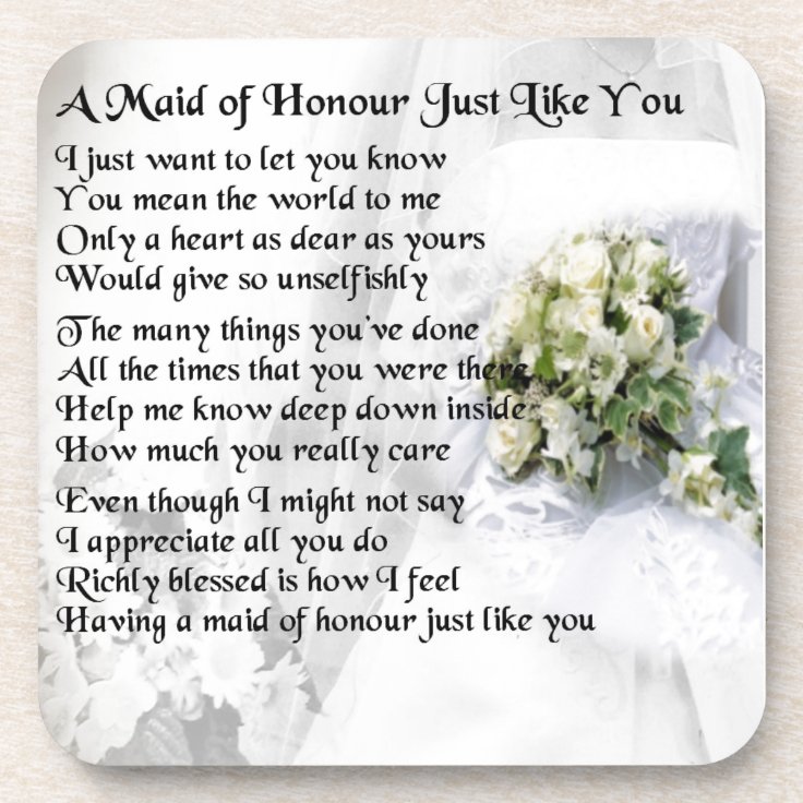 maid of honour poem - Wedding Bouquet design Coaster | Zazzle