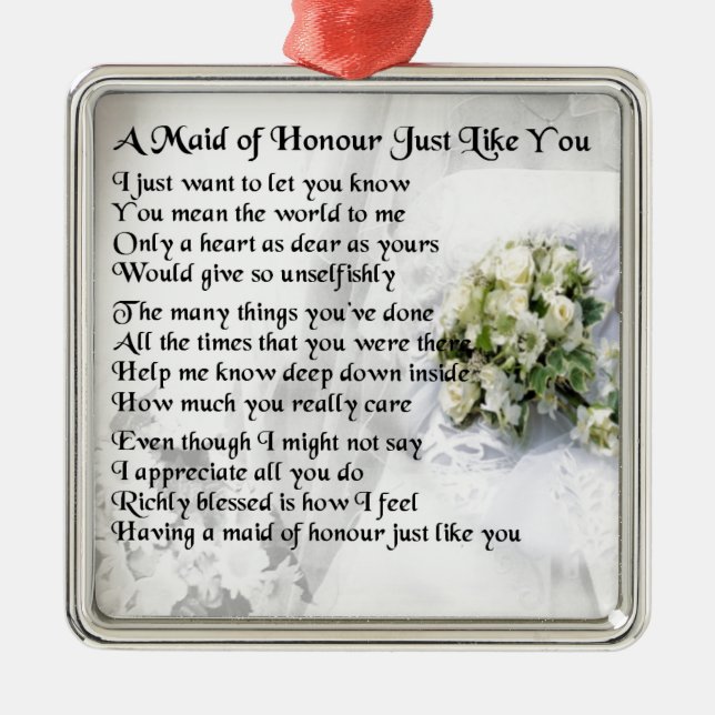 maid of honour poem - Wedding Bouquet design Metal Ornament (Front)