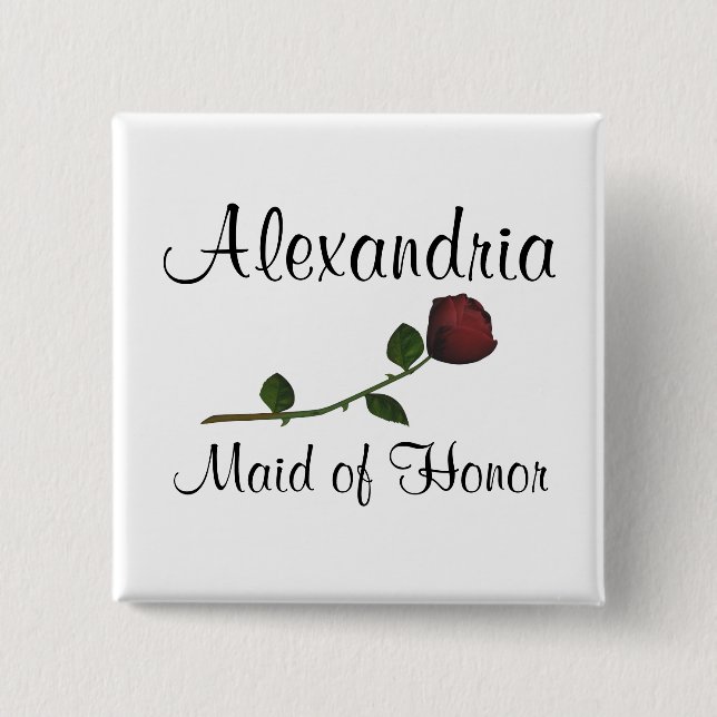 "Maid of Honour" - Red Long Stemmed Rose [a2] 2 Inch Square Button (Front)