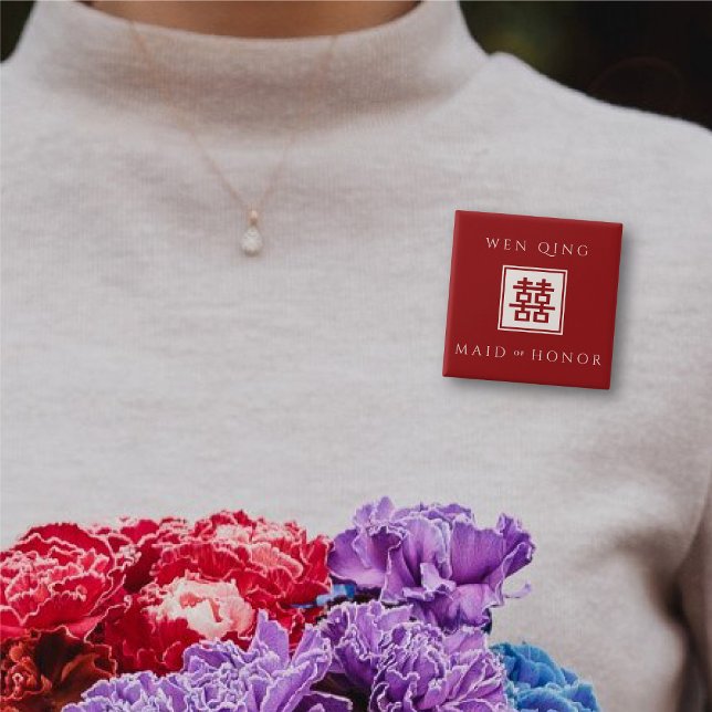 Maid of Honour Red Square Double Happiness Wedding 2 Inch Square Button (MAID OF HONOR Red/Ivory White Classic Square Double Happiness Wedding Button @ fatfatin_red_knot)