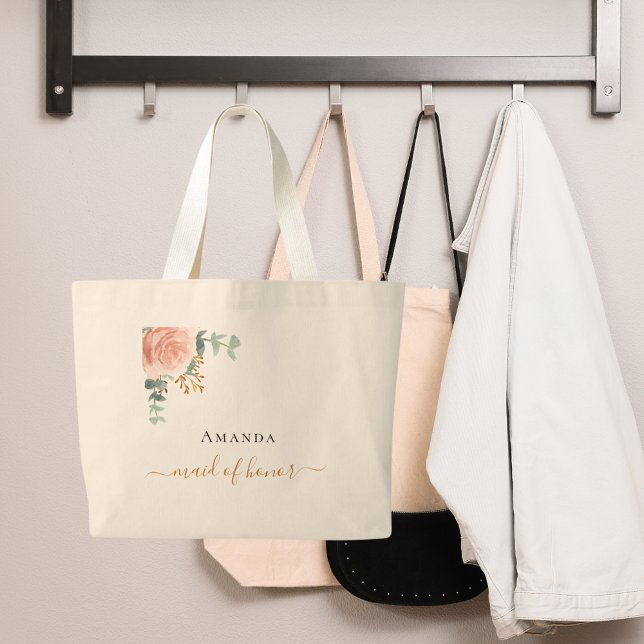 Maid of honour rose gold floral eucalyptus greener large tote bag (Creator Uploaded)