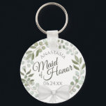 Maid of Honour Rustic Eucalyptus Wreath Wedding Keychain<br><div class="desc">These keychains are designed to give as a favour or gift for the Maid of Honour in your wedding party. They feature a rustic hand painted watercolor design with a wreath of eucalyptus and foliage in shades of mint, moss, and sage green. The text is written in elegant script letters,...</div>