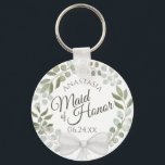 Maid of Honour Rustic Eucalyptus Wreath Wedding Keychain<br><div class="desc">These keychains are designed to give as a favour or gift for the Maid of Honour in your wedding party. They feature a rustic hand painted watercolor design with a wreath of eucalyptus and foliage in shades of mint, moss, and sage green. The text is written in elegant script letters,...</div>