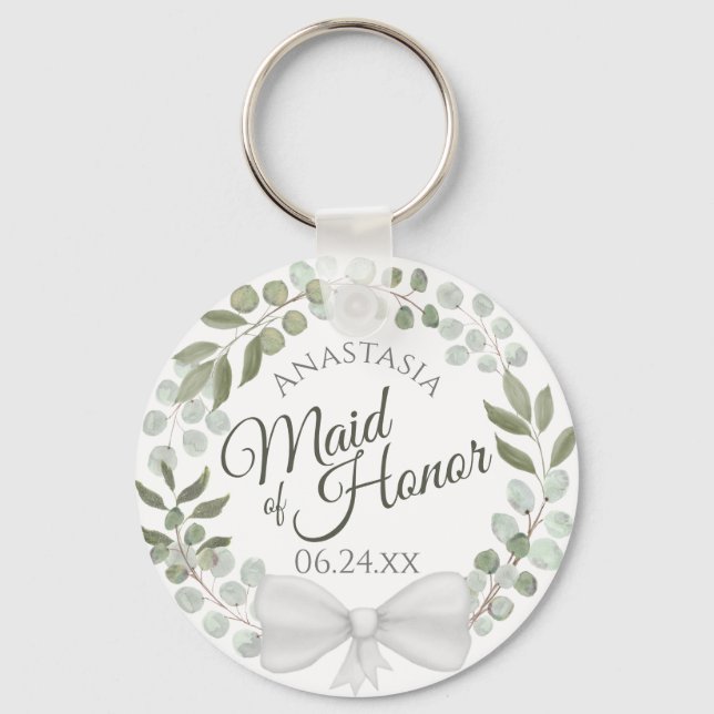 Maid of Honour Rustic Eucalyptus Wreath Wedding Keychain (Front)