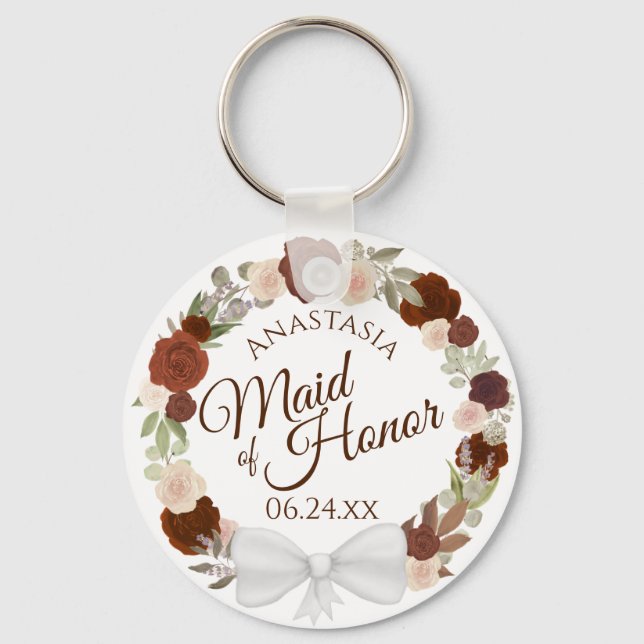 Maid of Honour Rustic Fall Floral Wreath Wedding Keychain (Front)
