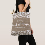 Maid of Honour Rustic Lace Burlap Custom Wedding Tote Bag<br><div class="desc">Your Maid of Honour will love this beautiful personalized tote bag featuring a rustic lace border set against a faux burlap background. Add your maid of honour's name and custom text to personalize. Perfect for carrying wedding essentials like make-up, shoes, clothing and more. Works well for rustic or country chic...</div>