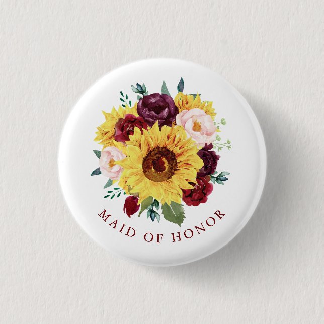 Maid of Honour Sunflower Burgundy Blush Floral 1 Inch Round Button (Front)
