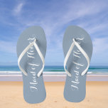 Maid of Honour Trendy Dusty Blue Colour Flip Flops<br><div class="desc">Gift your wedding bridesmaids with these stylish Maid of Honour flip flops that are a trendy,  dusty blue colour along with white,  stylized script to complement your similar wedding colour scheme. Select foot size along with other options. You may customize your flip flops to change colour to your desire.</div>