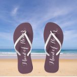 Maid of Honour Trendy Eggplant Colour Flip Flops<br><div class="desc">Gift your wedding bridesmaids with these stylish Maid of Honour flip flops that are a trendy eggplant colour along with white,  stylized script to complement your similar wedding colour scheme. Select foot size along with other options. You may customize your flip flops to change colour to your desire.</div>