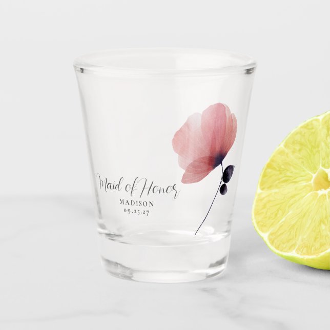 Maid of Honour Watercolor Blush Poppy Personalized Shot Glass (Front)