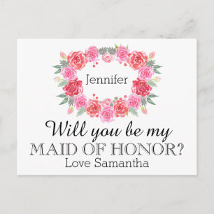 Maid of Honour watercolor floral wreath Invitation Postcard