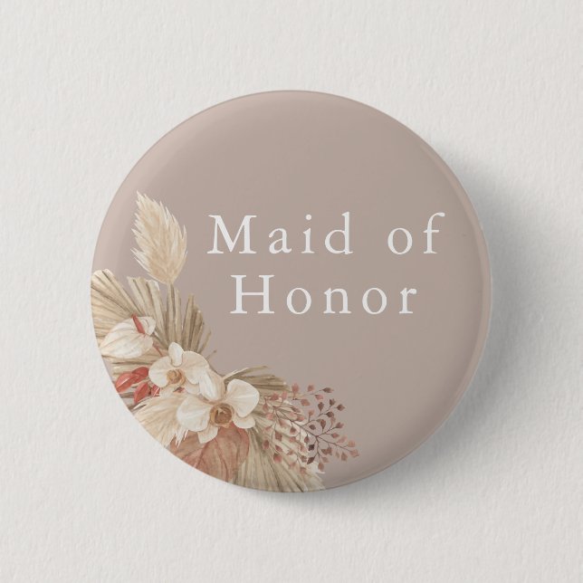 Maid of Honour Wedding Boho Pampas Grass Button (Front)