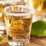 Maid of Honour Wedding Date and Names Personalized Shot Glass<br><div class="desc">Personalized shot glass for your Maid of Honour - a lovely wedding keepsake gift for your wedding party. Stylish, minimalist design in modern, black typography. The name template is set up ready for you to customize with your Maid of Honour's name, the bride and groom's name and the wedding date....</div>