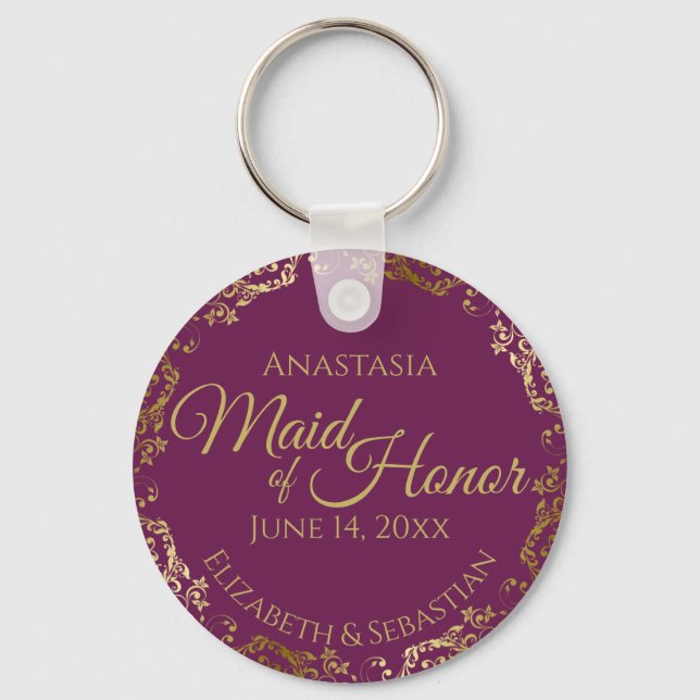 Maid of Honour Wedding Gift Cassis Purple & Gold Keychain (Front)