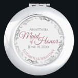 Maid of Honour Wedding Gift Dusty Rose Silver Lace Compact Mirror<br><div class="desc">This compact mirror is designed to give as a gift or favour to the Maid of Honour in your wedding party. It features a simple yet elegant design with a white background, dusty rose or mauve pink script lettering, and a silver faux foil floral lace border. Perfect way to thank...</div>