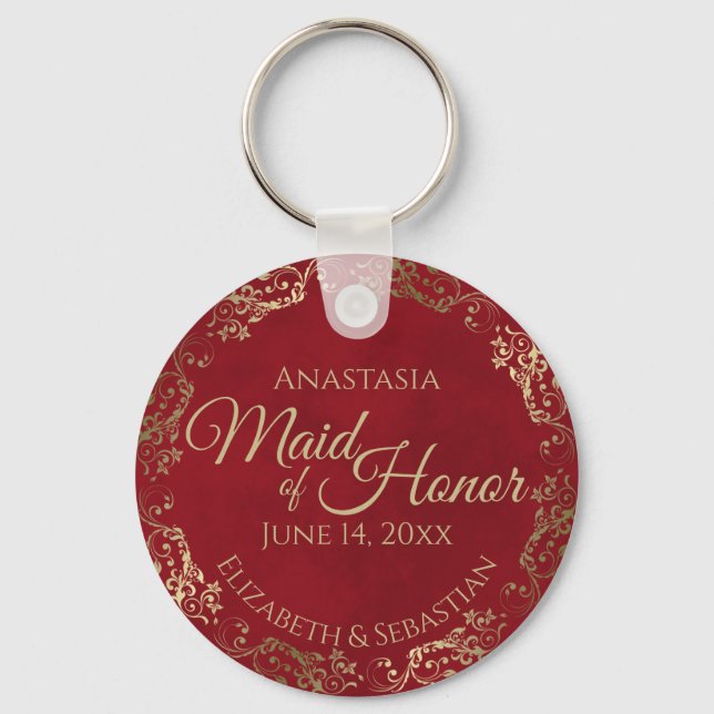 Maid of Honour Wedding Gift Elegant Gold on Red Keychain (Front)