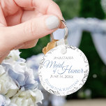 Maid of Honour Wedding Gift Light Blue & Grey Lacy Keychain<br><div class="desc">These keychains are designed to give as favours to the Maid of Honour in your wedding party. Designed to coordinate with our Blue & Grey Elegant Wedding Suite, they feature a simple yet elegant design with a white background, light blue & Grey text, and a silver faux foil floral border....</div>