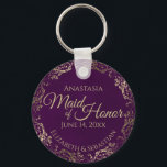 Maid of Honour Wedding Gift Plum Purple & Gold Keychain<br><div class="desc">These keychains are designed to give as favours to the Maid of Honour in your wedding party. They feature a simple yet elegant design with a deep plum purple coloured background, gold text, and a lacy golden faux foil floral border. The text reads "Maid of Honour" with space for her...</div>