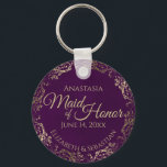 Maid of Honour Wedding Gift Plum Purple & Gold Keychain<br><div class="desc">These keychains are designed to give as favours to the Maid of Honour in your wedding party. They feature a simple yet elegant design with a deep plum purple coloured background, gold text, and a lacy golden faux foil floral border. The text reads "Maid of Honour" with space for her...</div>