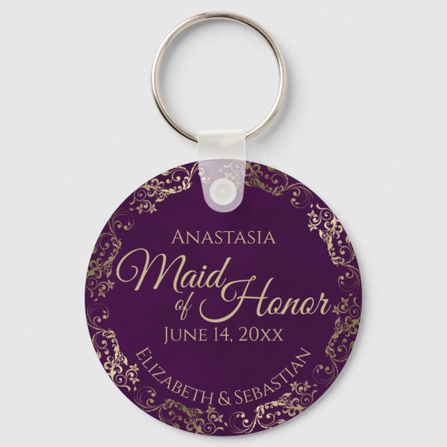 Maid of Honour Wedding Gift Plum Purple & Gold Keychain (Front)