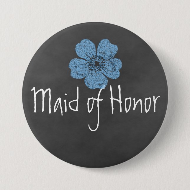 Maid of Honour Wild Blue Roses Chalkboard 3 Inch Round Button (Front)
