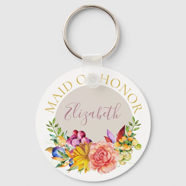 Maid of Honour with Name Floral Bouquet Keychain (Front)