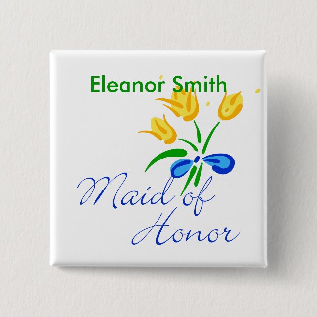 Maid of Honour with yellow tulips 2 Inch Square Button (Front)