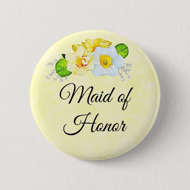 Maid of Honour Yellow Floral 2 Inch Round Button (Front)