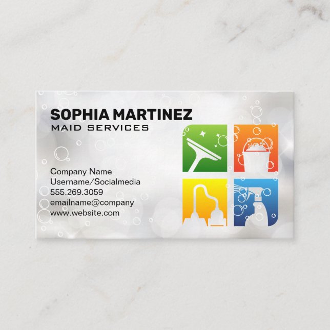 Maid Service | Cleaning Icons | Sparkly Bubbles Business Card (Front)