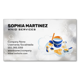 Maid Service Mop and Broom Sparkly Bubbles Magnetic Business Card