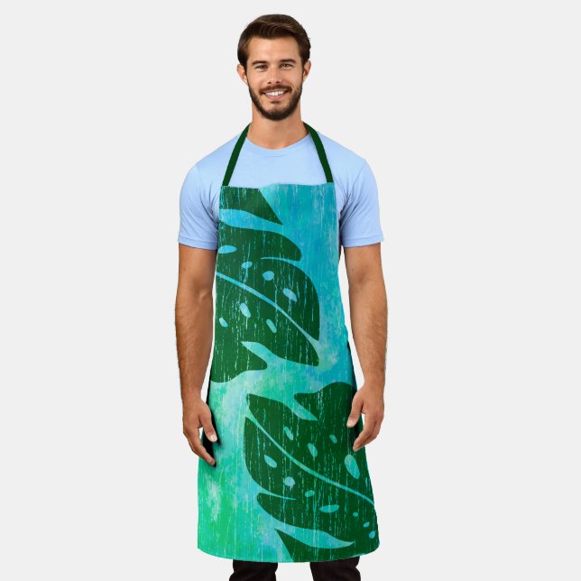 Maikai Hawaiian Monstera Leaf Tie-Dye Green Apron (Worn)
