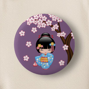 Maiko Kokeshi Doll - Blue Kimono Geisha Girl 2 Inch Round Button