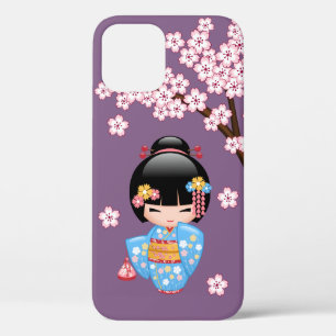 Maiko Kokeshi Doll - Blue Kimono Geisha Girl iPhone 12 Case